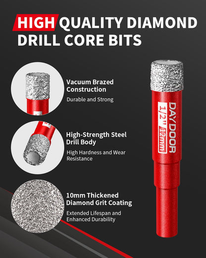 DAYDOOR 10-Piece Vacuum Brazed Diamond Drill Bits Set for Porcelain Ceramic Granite Marble Stone Glass,1/4" 5/16" 3/8" 1/2" Diamond Hole Saw, Pilot Drill Bit, Built-in Cooling Wax, Round Shank