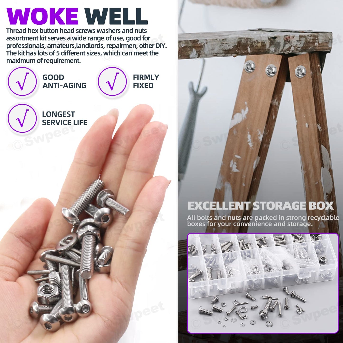 Swpeet 664Pcs M2 M3 M4 M5 M6 Metric 304 Stainless Steel Button Head Hex Socket Head Cap Bolts Screws Nuts and Hex Nuts with Flat Washers and Split Lock Washers Assortment Kit, Screws All Included