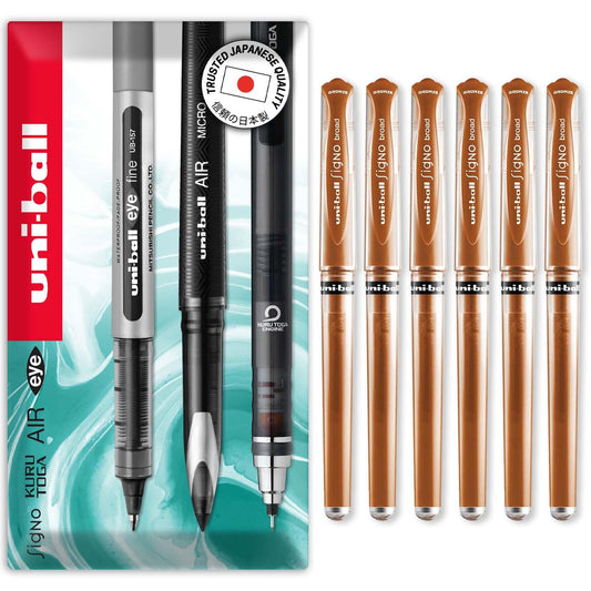 uni-ball Signo Pen - UM-153 Broad Metallic Gel Ink Rollerball - Metal 1.0mm Tip Nib - Rubber Grip - In Gift Box (Pack of 6, Bronze)