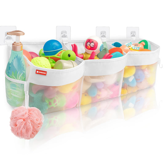 UNEEDE 3 Compartment Horizontal Bath Toy Storage,4.95 Gallons Bathtub Toy Storage Organizer,Bath Toy Holder For Bathtub,Baby Organizer And Storage,Bath Toy Organizer For Tub,Mesh Shower Caddy