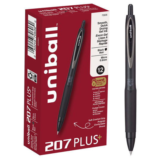 Uniball 207 Plus+ Retractable Gel Pens, Micro Point (0.5mm), Black, 12 Pack
