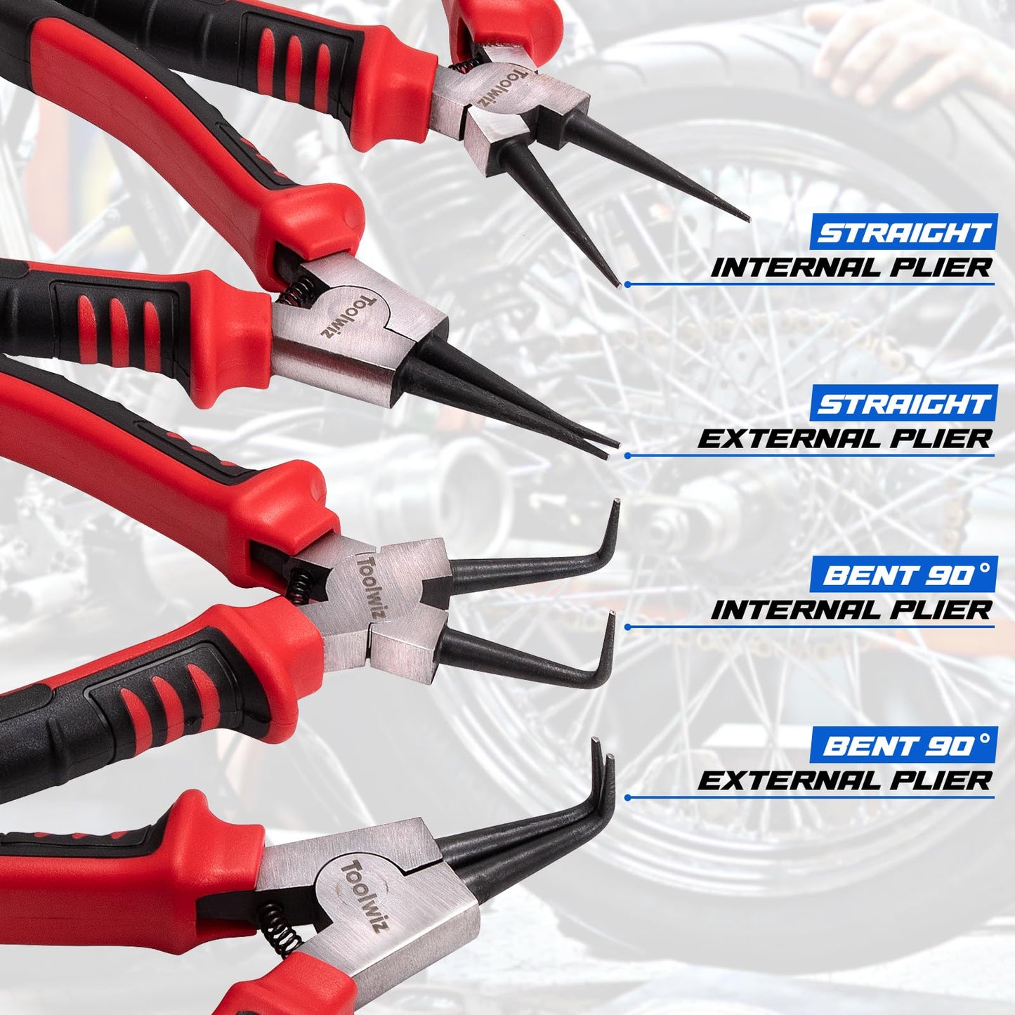 Toolwiz 4 Pcs Snap Ring Pliers Set, 7-inch Internal/External Circlip Pliers, Tip Diameter 5/64'' C Clip Pliers, Straight/Bent Jaw Snap Ring Tool for Ring Removal and Installation, with Storage Pouch