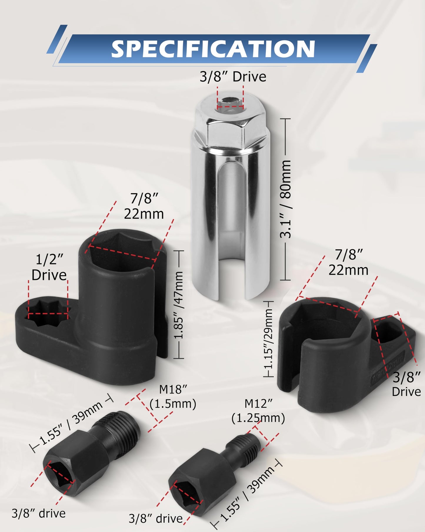 DAYUAN 5 pcs O2 Oxygen Sensor Socket Set Oxygen Sensor Remover Tool and Thread Chaser Set
