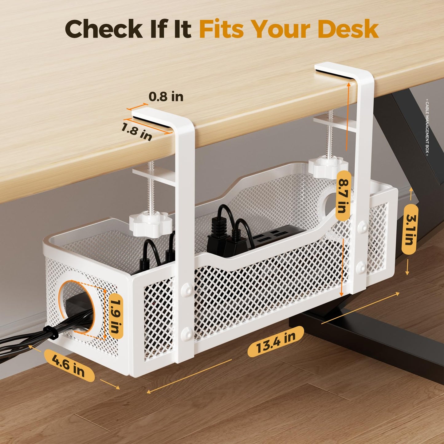 Under Desk Cable Management Tray White, Cinati Cable Management Under Desk No Drill, Cable Tray with Clamp for Desk Wire Management,Desk Cable Management Box for Office, Home - No Damage to Desk