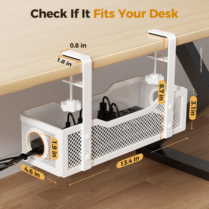 Under Desk Cable Management Tray White, Cinati Cable Management Under Desk No Drill, Cable Tray with Clamp for Desk Wire Management,Desk Cable Management Box for Office, Home - No Damage to Desk