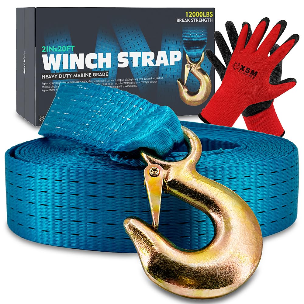 X5MPLXPMX Heavy-Duty Marine-Grade Boat Trailer Winch Strap Kit (2" x 20', 12,000 lbs Break Strength) for PWC, Pontoons & Fishing Boats – Includes Forged Hook & Work Gloves, Blue