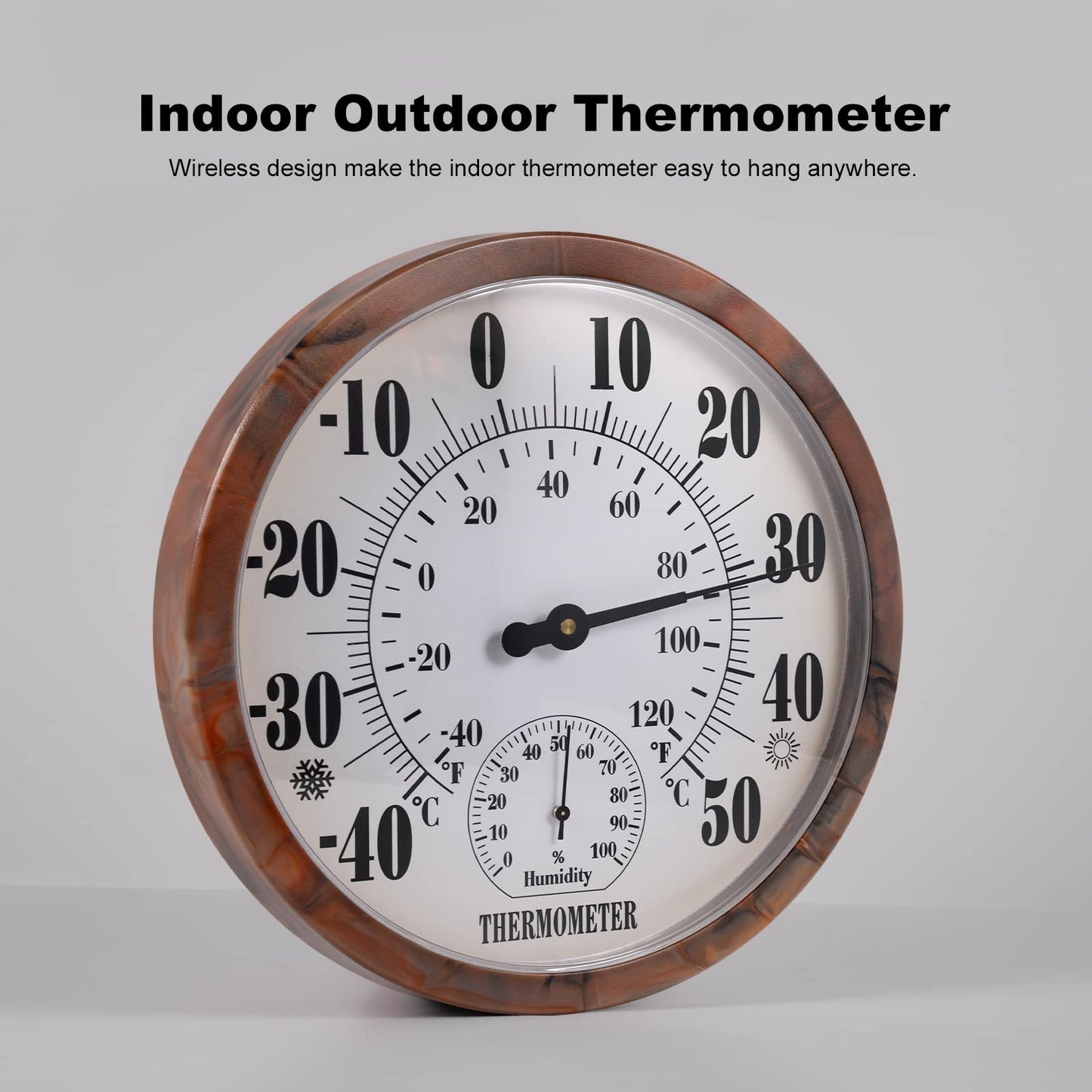 Indoor Outdoor Thermometer Hygrometer - 25.4cm Outdoor Thermometers Large Number, 2 in 1 Thermometer Hygrometer, No Battery Needed Large Outdoor Thermometers for Patio (Brown)
