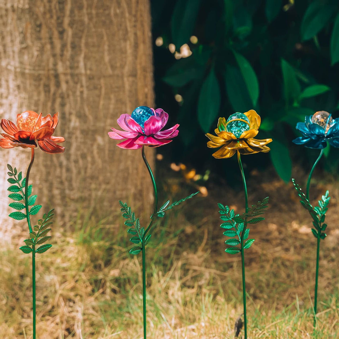Viveta 4 Pack Flower Garden Stakes Decor, 12.9 inch Metal Flowers Outdoor Decor Waterproof Metal Flower Sticks for Patio, Lawn, Yard Decorations