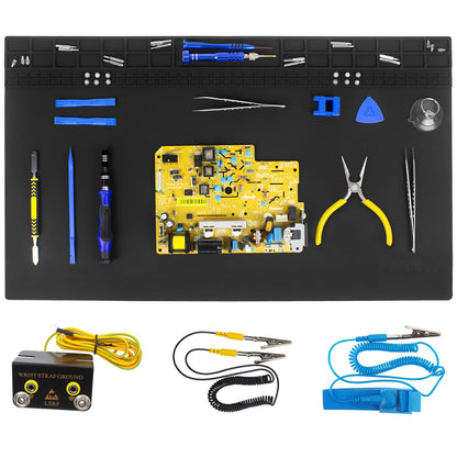 60x35cm Heat Resistant Large Silicone Soldering Mat with Grounding Accessories and Anti Static Wrist Strap, Repair ESD Safe Work Mat for Soldering, Computer, Cellphone Workbench Protection Etc (Black)
