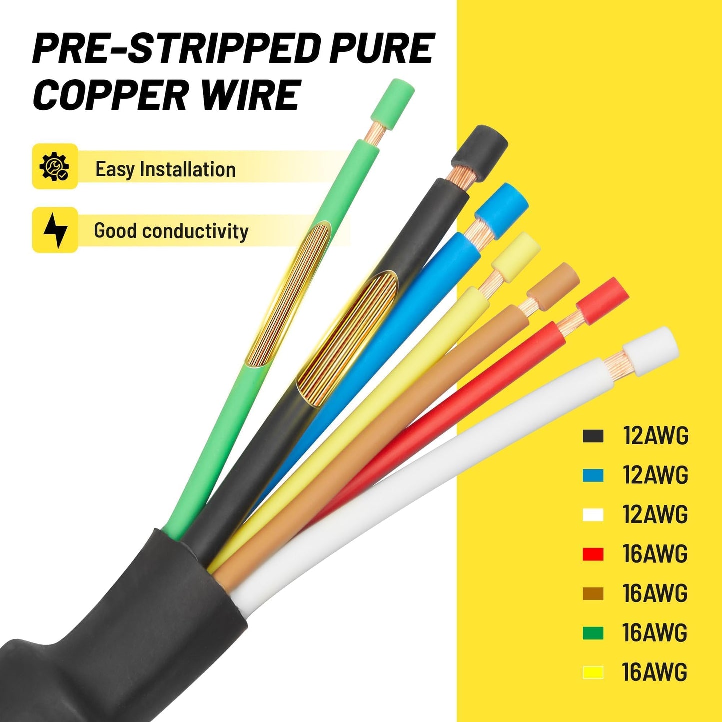 Oyviny Replacement USCAR 7 Pin Trailer Connector Wiring Harness OEM Style for Ford/GM/Chevy/Dodge Ram F150 Trailer Plug Socket Pigtail 12-16 AWG Pure Copper with Flex Tubing 16-Inch