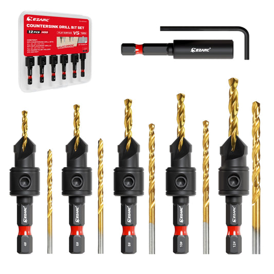 EZARC Countersink Drill Bit Set, 12 PCS Counter Sink Drill Bit Adjustable,#4, #6, #8, #10, #12, Magnetic Extension bit Holder for Woodworking with Storage Box