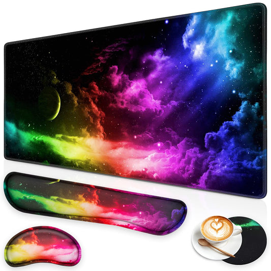 Gaming Mouse Pad Set, Canjoy 4-in-1 XXL Large Mouse Pad + Keyboard Wrist Rest Support+ Coaster, (35.4×15.7 in) Extended Desk Pad Memory Foam Non-Slip Desk Mat for Home Office