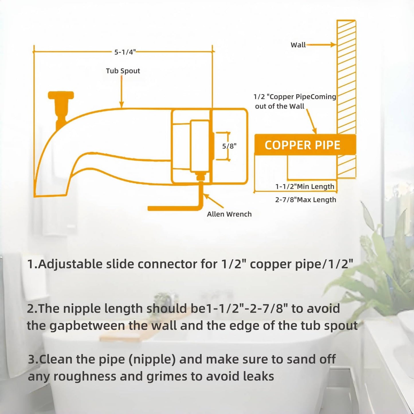 Bathtub Faucet Easy to Install Tub Spout with Diverter,North American Standard Tub Faucet Replacement Fits 1/2" Copper Water Tube(5/8" Diameter) with Hex Wrench Chrome Finish