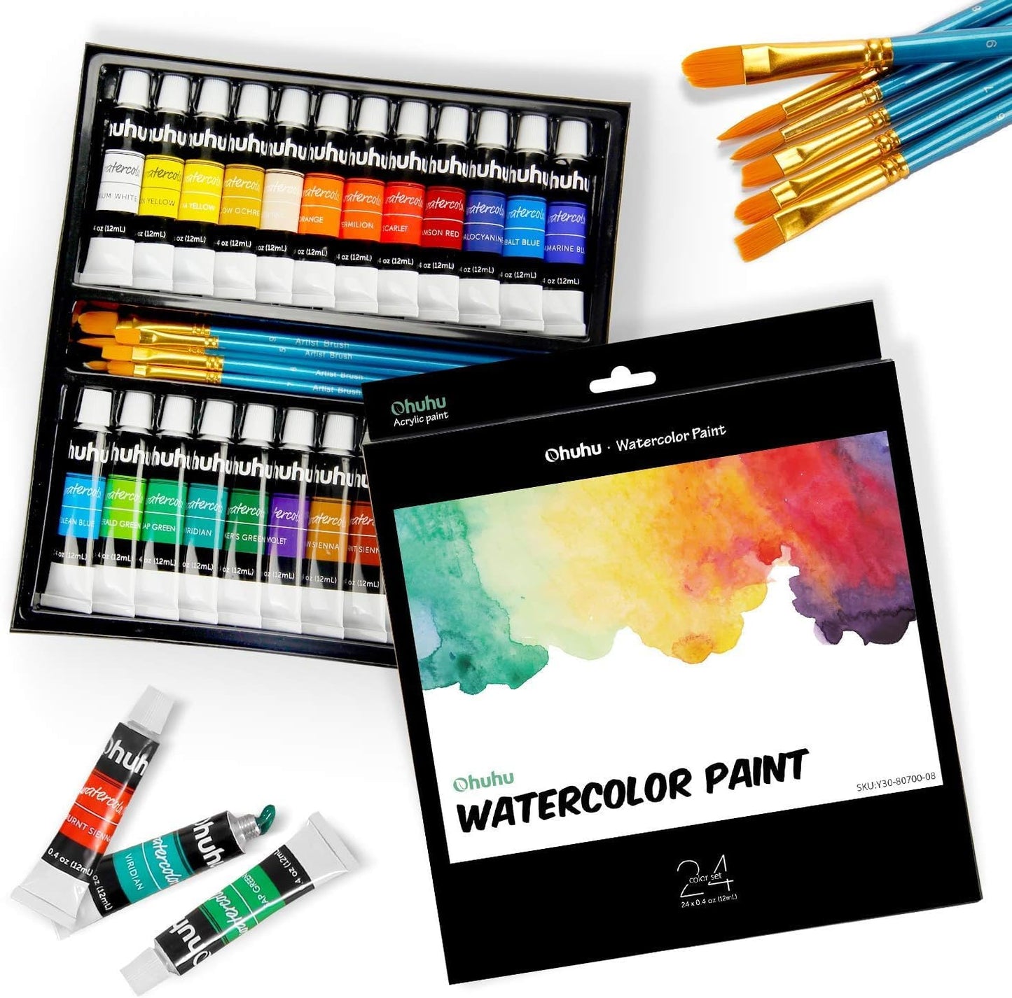 Ohuhu Watercolor Paint Set 24 Premium Quality Art Watercolors Painting Kit (12 ml, 0.42 oz.) with 6 Painting Brushes for Artists, Students Beginners for Landscape Painting