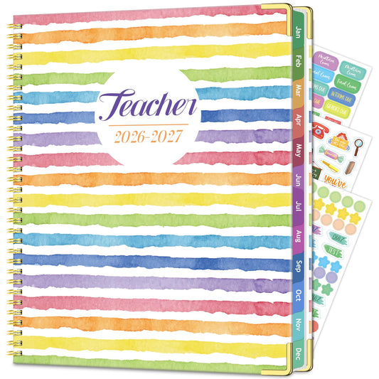 Teacher Planner 2026-2027, July 2026 to June 2027 Academic Year, 8.5" x 11" Lesson Planner Book for Teachers with Colorful Tabs, Teacher Calendar for Classroom or Homeschool, Hardcover, Color Stripe