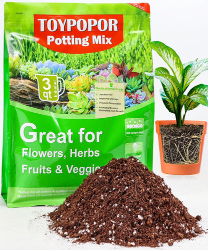 TOYPOPOR Potting Soil for All Indoor Houseplants, (3qt) Contains Perlite, Peat Moss, Coco Coir and Rice Charcoal, Well Draining Potting Mix Light, Aerated Texture for Healthy Plant Roots, Fast Growth