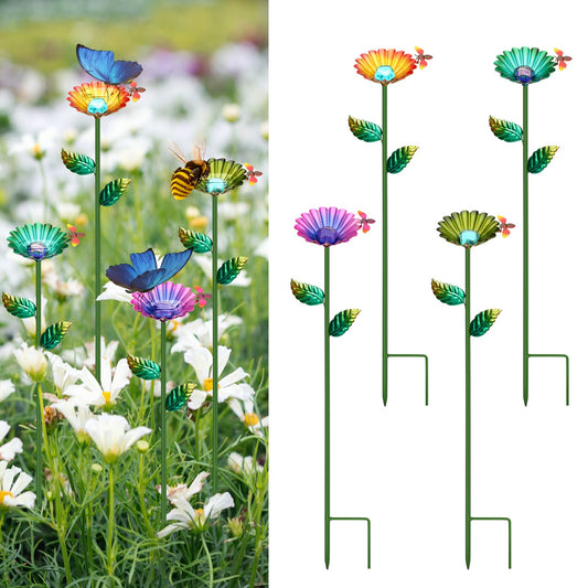 Bee Watering Station 4 Pack,Bee Cup Metal Colorful Flower Design,for Bees and Butterflies Bath,with Design-Sense Colored Glass Beads,for Outdoor Garden Yard Decor