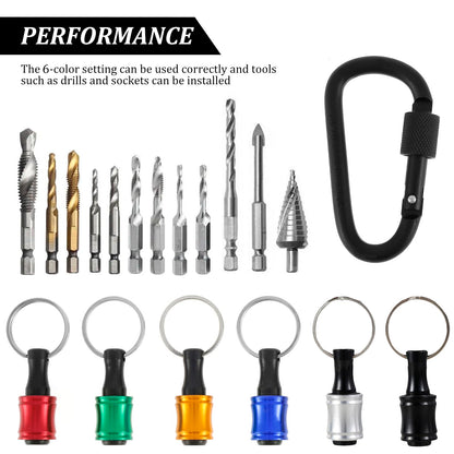 18Pcs Bit Holder Keychain 1/4inch Hex Shank Screwdriver Bits Holder Quick Release Portable Extension Bar Keychain Drill Screw Adapter with Carabiner for Electric Screwdrivers Drill Bit