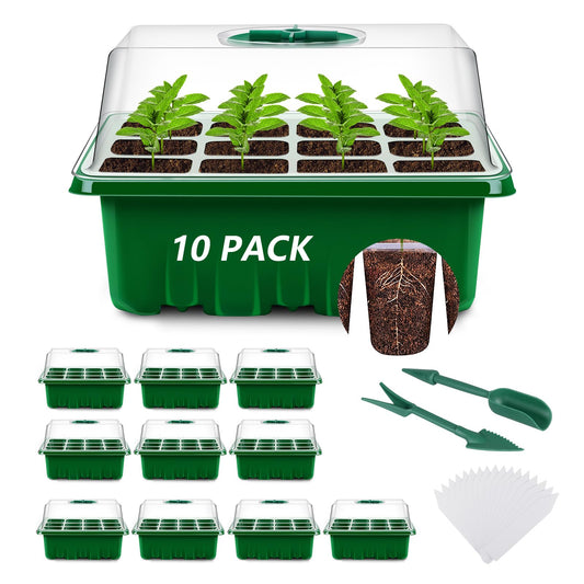 YAUNGEL Seed Starter Trays, 10 Pack 120 Cells Thicken Seed Starting Tray Kit with Humidity Dome/Clear Lids Durable Growing Seedling Trays for Greenhouse & Gardens