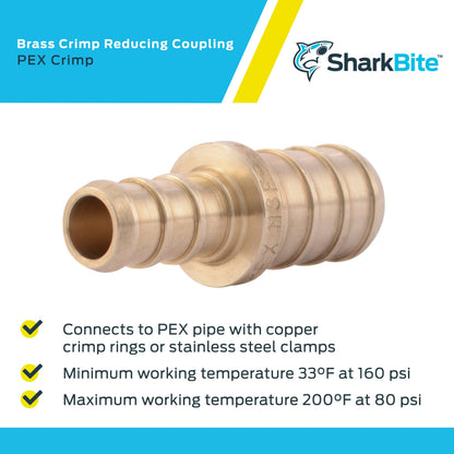 Sharkbite 3/8 Inch x 1/2 Inch Crimp Reducing Coupling, Brass Plumbing Fitting, PEX Pipe, PE-RT, UC009LF, Pack of 10