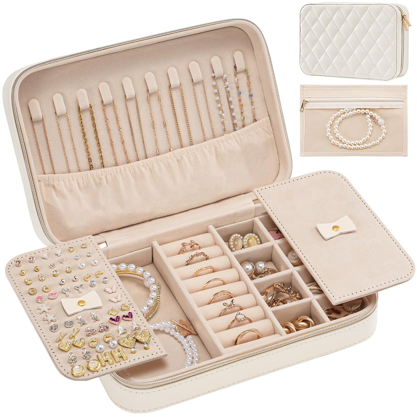 Lolalet Travel Jewelry Case for Women, Travel Jewelry Organizer Box with Mirror & Clear Storage Bag, Small Portable Traveling Ring Case for Earrings Necklace Bracelet Rings -Medium, White