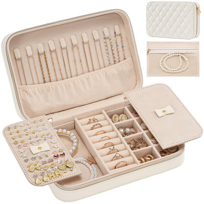 Lolalet Travel Jewelry Case for Women, Travel Jewelry Organizer Box with Mirror & Clear Storage Bag, Small Portable Traveling Ring Case for Earrings Necklace Bracelet Rings -Medium, White