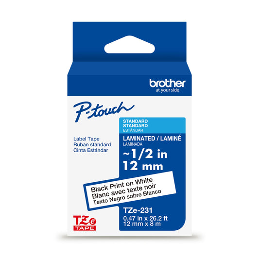 Brother Genuine TZe-231 Black on White Laminated Tape for TZe-Compatible P-Touch Label Makers, 12 mm Wide x 8 m Long