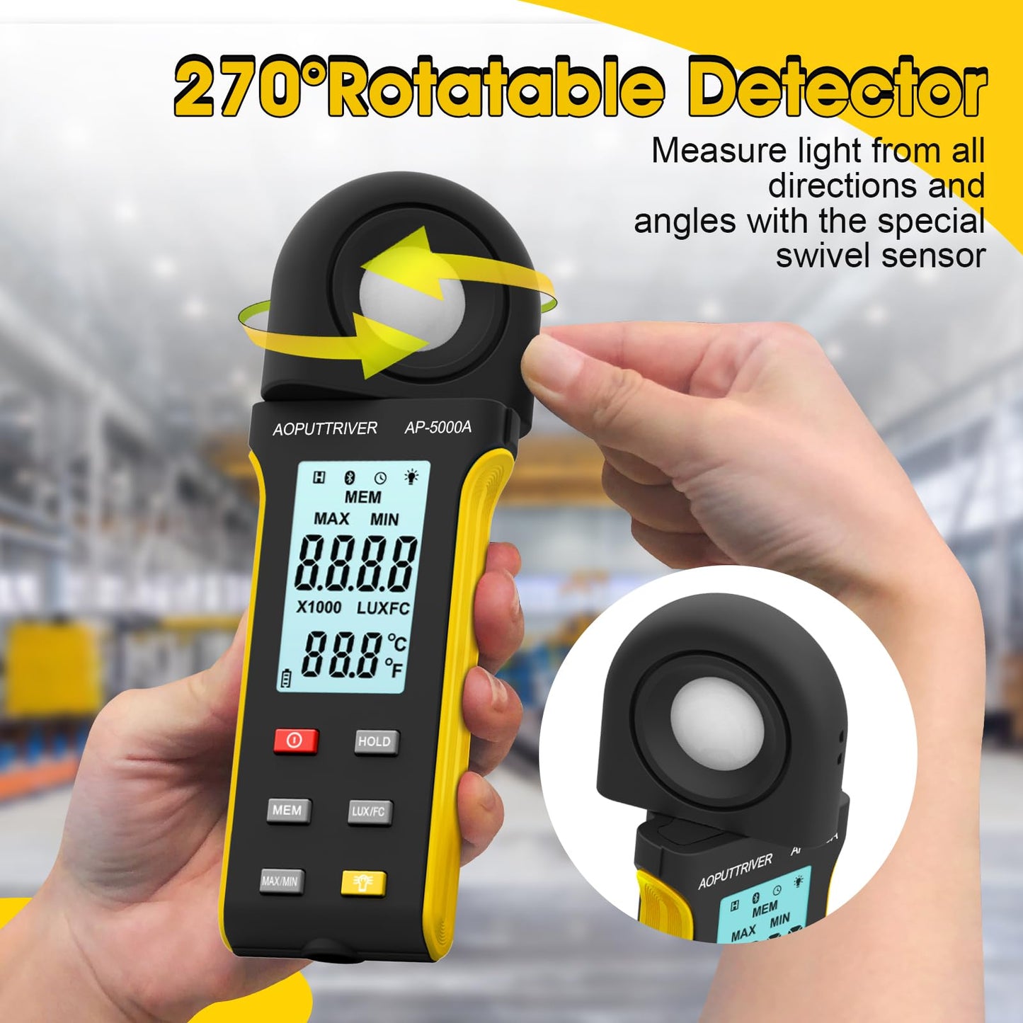 Light Meter Lux Meter Logger,Digital Lumen Tester Measure Range 0.1~400,000 Lux(0.1~40,000 FC) Foot Candle Luxometer with Rotatable Detector, Data Logging for Plant Grow Aquarium (AP-5000A