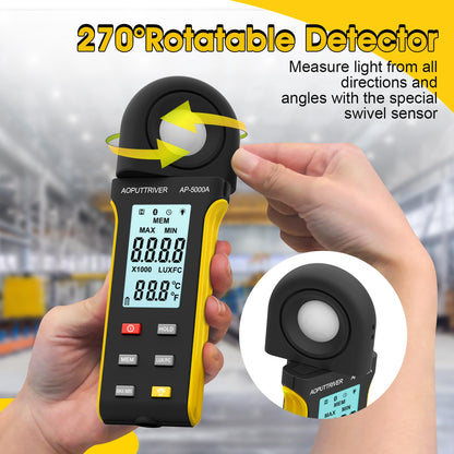 Light Meter Lux Meter Logger,Digital Lumen Tester Measure Range 0.1~400,000 Lux(0.1~40,000 FC) Foot Candle Luxometer with Rotatable Detector, Data Logging for Plant Grow Aquarium (AP-5000A