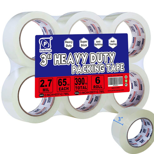 PERFECTAPE 3" Heavy Duty Packing Tape 6 Rolls, Total 390Y, Clear, 2.7 mil, 3 inch x 65 Yards, Ultra Strong, Refill for Packaging and Shipping(3" Width, not 2" Width)