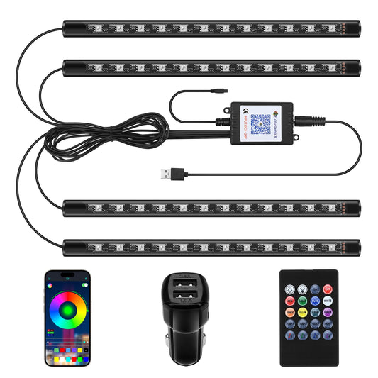 Bawoo Interior Car Lights, Car LED Strip Light Waterproof 48 LED Lights for Car with APP Control, RGB Music Sync Under Dash Car Light with Car Charger, DC (Large/APP & Remote Control)
