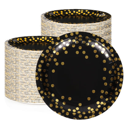 100Pcs Black and Gold Party Supplies, Black Plates Disposable for Party, 7inch Round Black and Gold Plates, Dinner Plates Golden Foil Polka Dots (Black, 7inch - 100pcs)