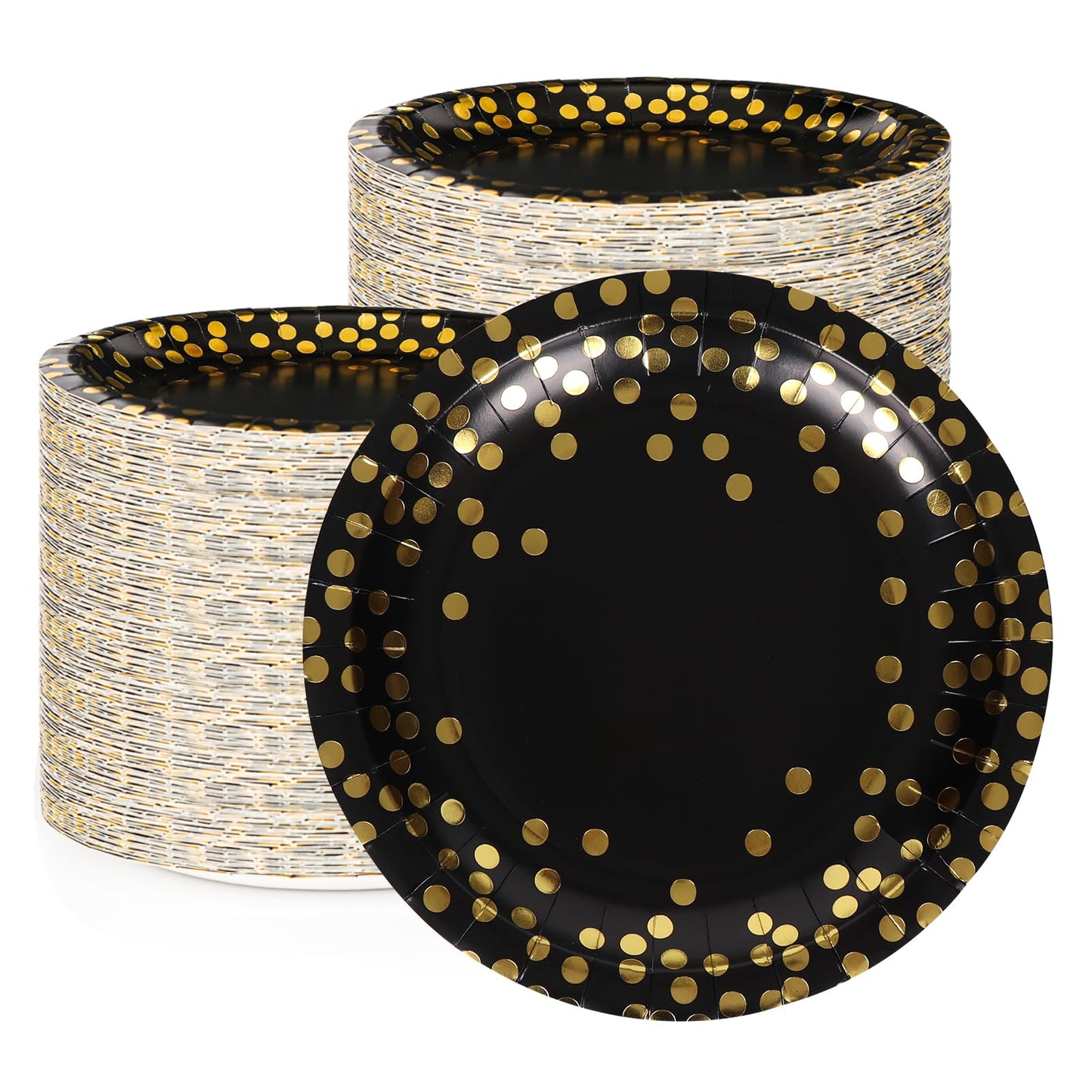 100Pcs Black and Gold Party Supplies, Black Plates Disposable for Party, 7inch Round Black and Gold Plates, Dinner Plates Golden Foil Polka Dots (Black, 7inch - 100pcs)