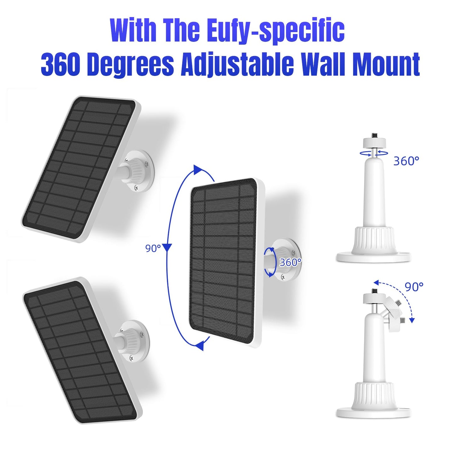 5V 5W Solar Panel for Eufycam 2C/ 2C Pro/ 2/2 Pro/ E20/ E40/ E, Micro USB and USB-C Port, IP67 Waterproof Solar Panel with 9.84 Charging Cable & Wall Mount, 1 Pack