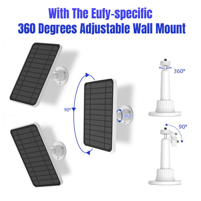 5V 5W Solar Panel for Eufycam 2C/ 2C Pro/ 2/2 Pro/ E20/ E40/ E, Micro USB and USB-C Port, IP67 Waterproof Solar Panel with 9.84 Charging Cable & Wall Mount, 1 Pack