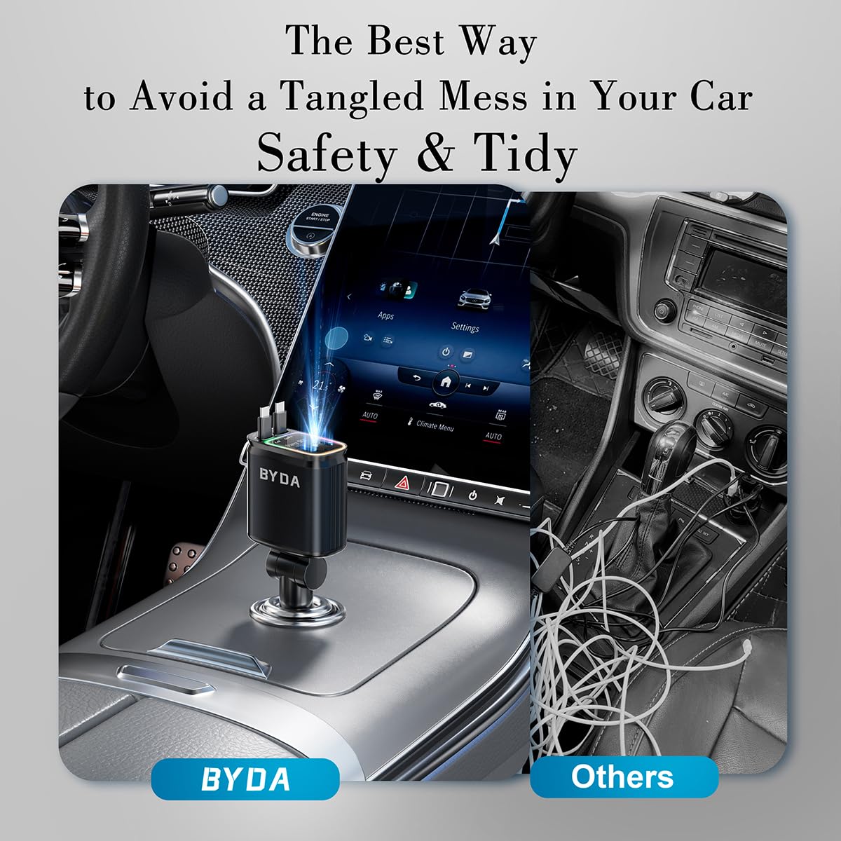 4 in 1 Retractable Car Charger with Starry Light,69W USB-C Fast Car Charger, for iPhone 17/16/15/14/13/12/11, Android,Pixel,Cigarette Lighter Charger (Grey, Light-ning+USB-C (Starry))