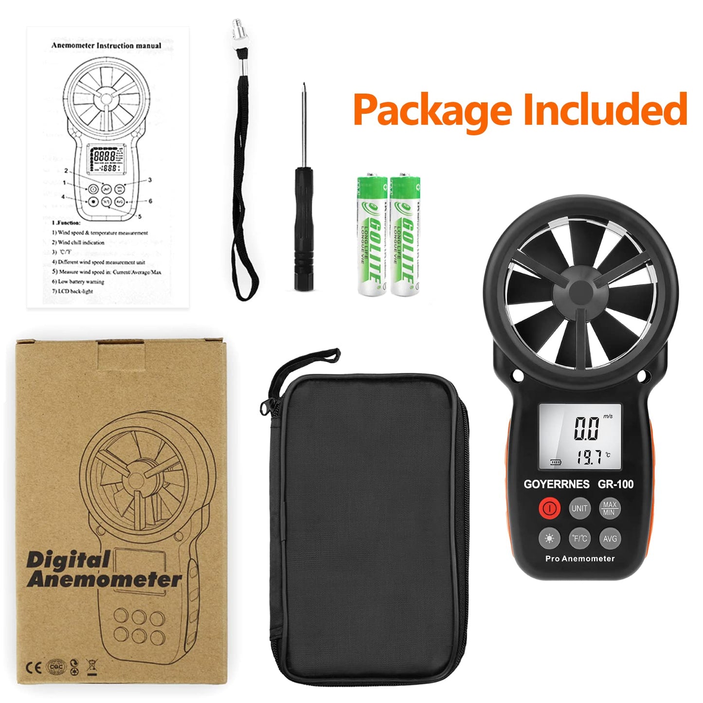 GOYERRNES Handheld Anemometer, Digital Wind Speed CFM Meter Gauge, Air Flow Velocity Tester for HVAC Shooting Drone, Wind Chill, Wind Temperature GR-100