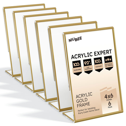 NIUBEE 6 Pack 4 x 6 Acrylic Gold Frame, Slanted Back Table Sign Holder for Wedding Table Numbers, Restaurant Signs