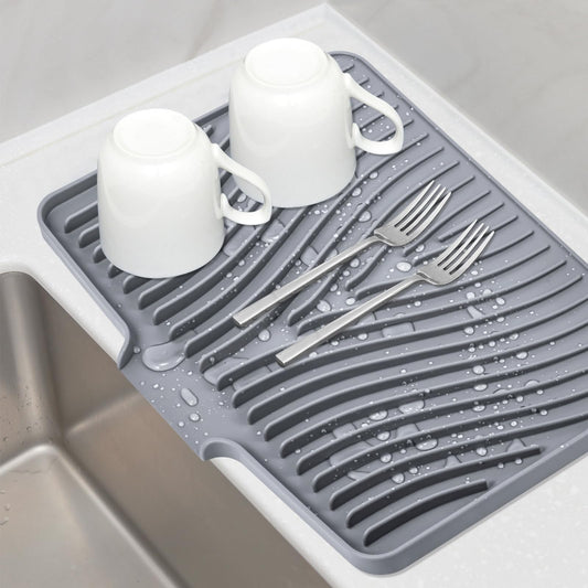 TIKNIK Silicone Dish Drying Mat for Kitchen Counter, Dish Drying Pad, Non-Slip Drain Pad with Built-in Drain, Heat Resistant Stone Drying Mat (16" x 12" / 40 x 30cm, Grey)