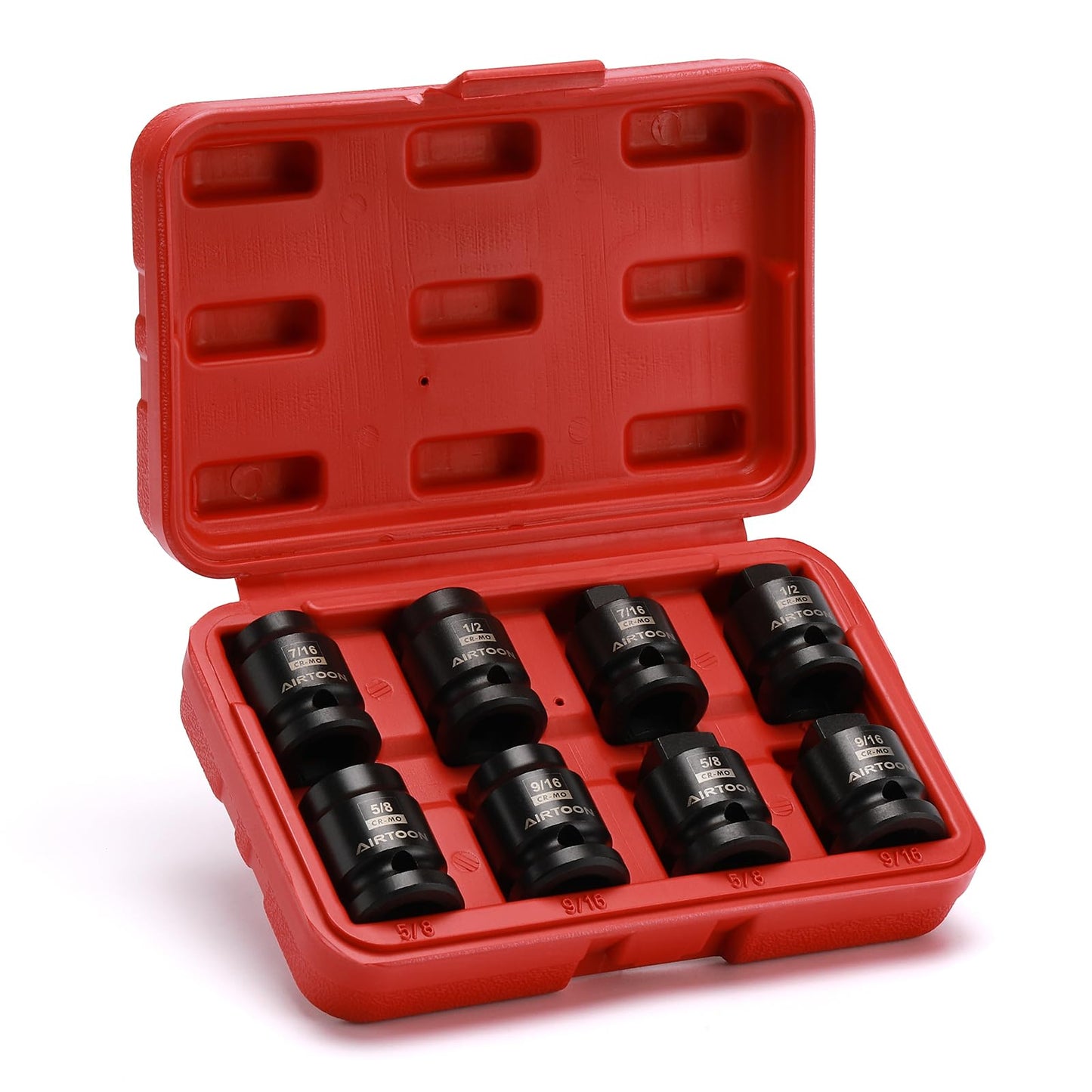 AIRTOON 1/2" Drive Pipe Plug Socket Set, 8-Piece, SAE, CR-MO, 7/16" - 5/8", Tapered Male Square Drive, Chamfered Female Square Drive