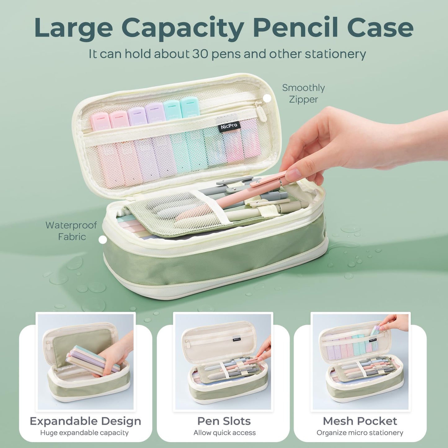 Nicpro 50-Piece School Supplies with Pencil Case, 5 Retractable Black Gel Pens, 12 Colours Highlighters, 6 Mechanical Pencils 0.5 & 0.7 & 0.9 & 2.0mm, Ideal School Supplies for Writing and Drawing
