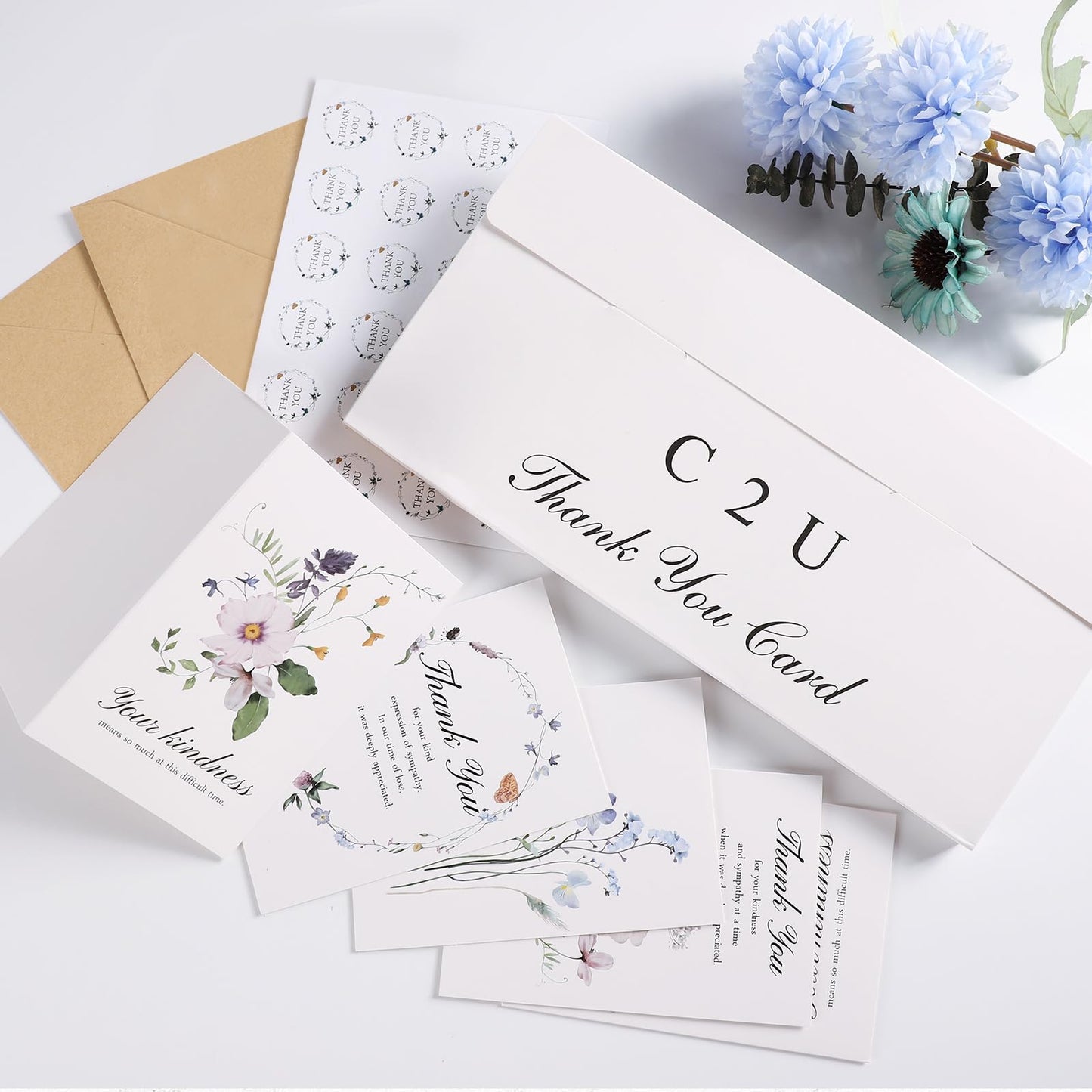C2U Funeral Thank You Cards with Envelopes 4"x6",Stickers & Message Inside - Wildflower Bereavement Sympathy Thank You Cards for Funeral Family Friends Loved Ones (50 Wildflower Cards)