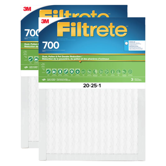 Filtrete 20x25x1 AC Furnace Air Filter, MPR 700, MERV 8, Tough on Pollen, Easy on Airflow, 3-Month Pleated 1-Inch Electrostatic Air Cleaning Filter, 2-Pack (Actual Size 19.69 x 24.69 x 0.81 in)