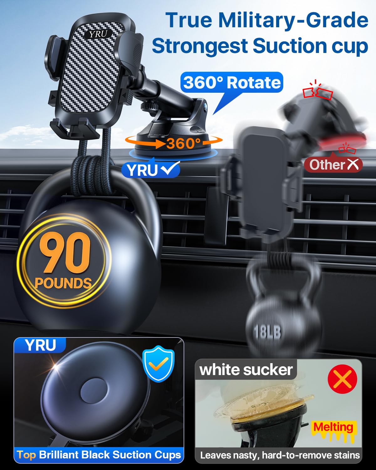 [True Military-Grade & 360° Rotatable Suction] 2026 YRU Ultimate Car Phone Holder Mount 【90+LBS Safest Strongest & Patent Certs】 Dashboard Windshield Vent for iPhone 17 16 Pro Max Samsung,Dark Black