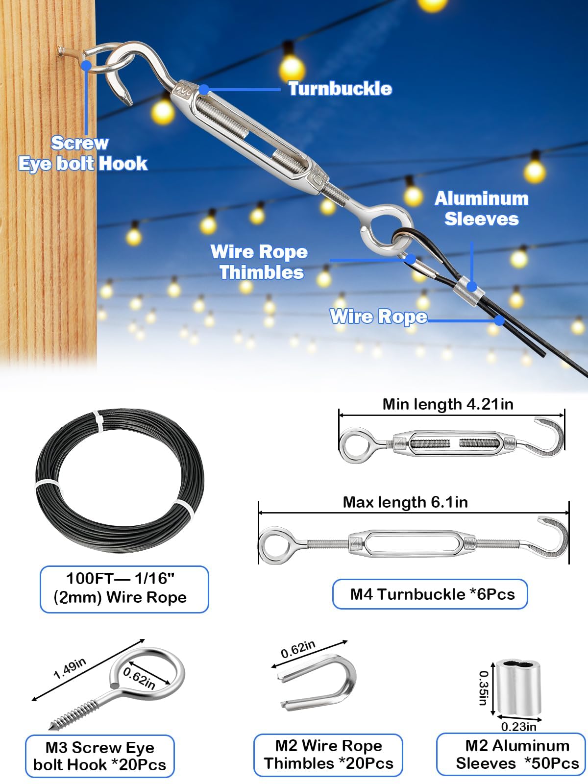 TooTaci Turnbuckle Wire Tensioner Kit with 100ft Stainless Steel Aircraft Cable 1/16, Black Vinyl Coated Wire Rope, Turnbuckles for Cable Tensioner, String Light Hanging Kit, Garden Trellis