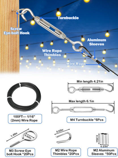 TooTaci Turnbuckle Wire Tensioner Kit with 100ft Stainless Steel Aircraft Cable 1/16, Black Vinyl Coated Wire Rope, Turnbuckles for Cable Tensioner, String Light Hanging Kit, Garden Trellis