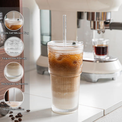 INSETLAN 20oz Ribbed & Floral Glass Tumblers with Lids and Glass Straws, Set of 2 – Iced Coffee Cups, Reusable Drinking Glasses for Water, Smoothies, Tea, and Juice – Perfect for Travel & Daily Use