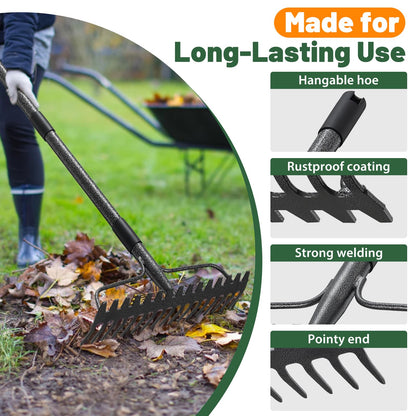 Garden Rake, 49" Long Long Handle, 17" Wide Heavy Duty Garden Leaf Rake for Thatching Raking Leaf Loosening Soil Gathering Mulch Leveling Rocks, Metal Bow Rakes for Leaves Grass