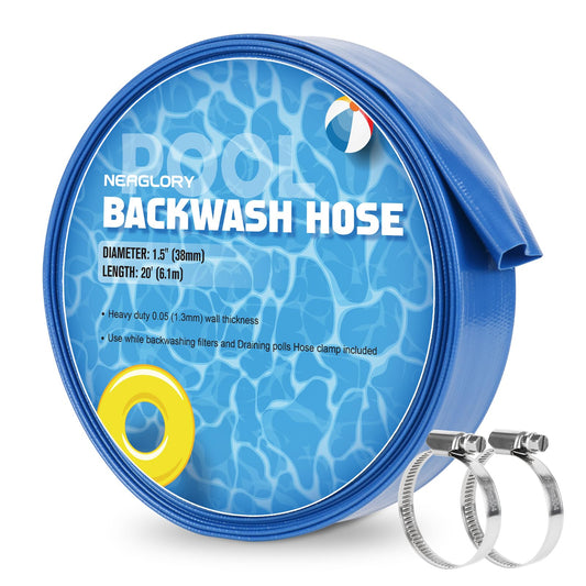 NEAGLORY 1.5" x 20 FT Pool Backwash Hose, Heavy Duty Flat Sump Pump Hose, Reinforced Discharge Hose with Clamp, Weather and Burst Resistant, Drain Clean Swimming Pools and Filters for Inground Pools