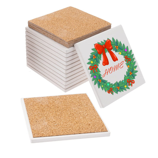 12 Pcs Ceramic Tile for Crafts Coasters, 4 Inch Blank Coasters Unglazed Ceramic White Tiles with 12 Pack Cork Backing Pads, Square Drink Cup Mat for DIY Arts Painting Craft Project Coasters